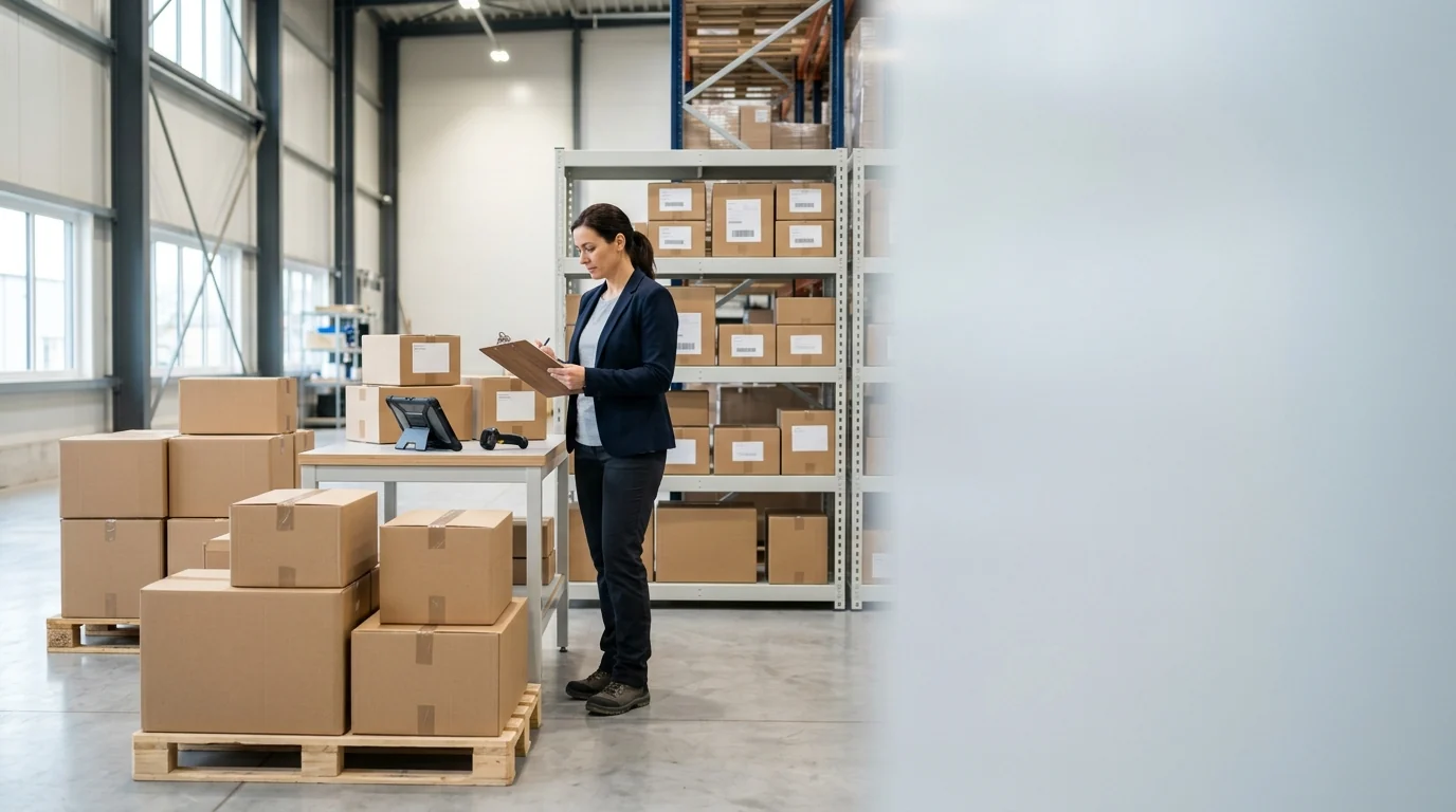 A supply professional reviewing inventory documentation beside neatly organised cartons on pallets in a clean receiving area