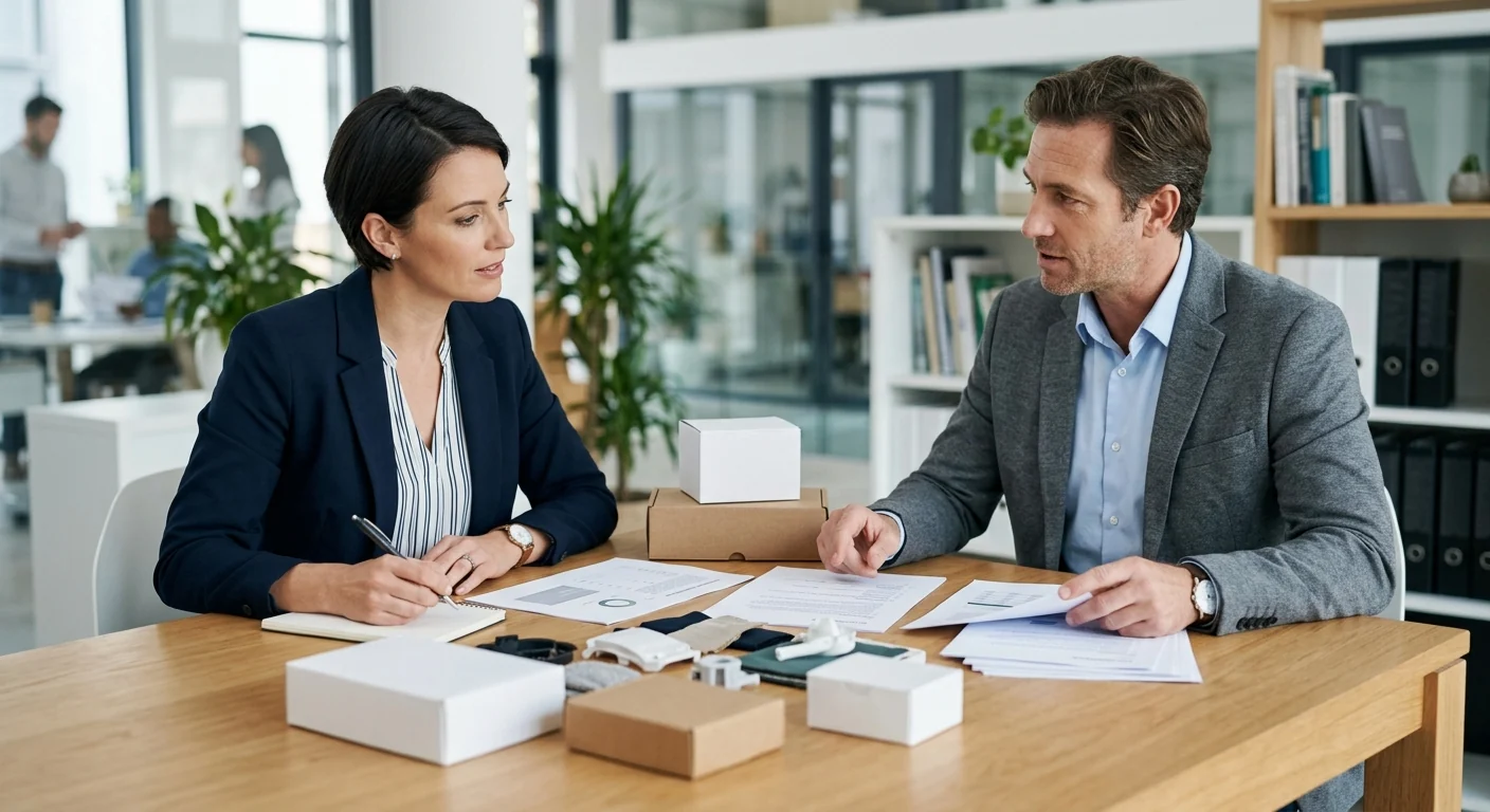 A supplier representative and a purchasing professional reviewing product samples and wholesale information